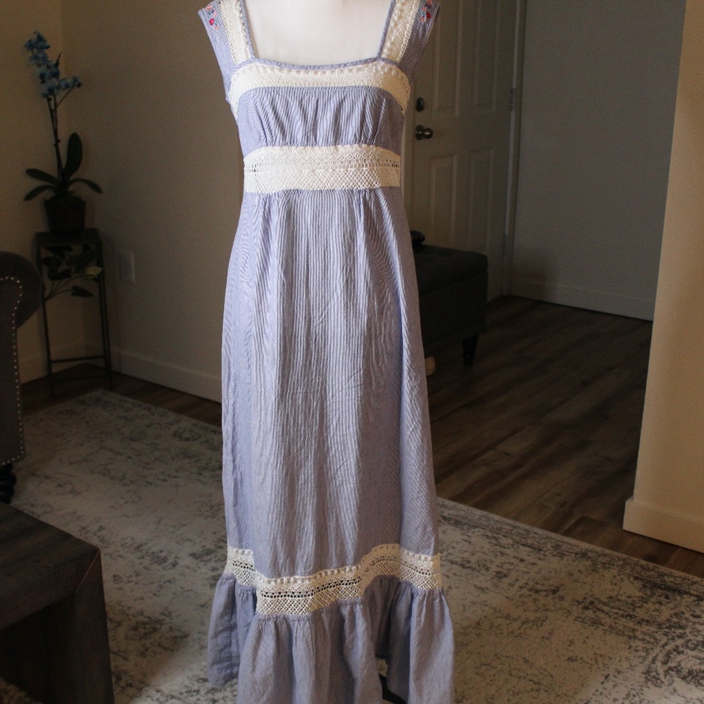 Blue and White Striped Maxi with Crochet Detail